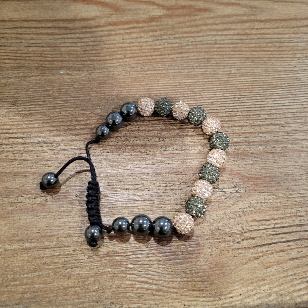 La Preciosa Champagne/Gray Crystal & Hematite Bead Shamballa Macrame Bracelet